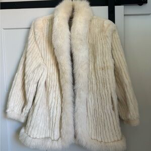 Vintage Real Mink & Shadow Fox Fur Coat – Ivory White, Made in Korea, Size L
